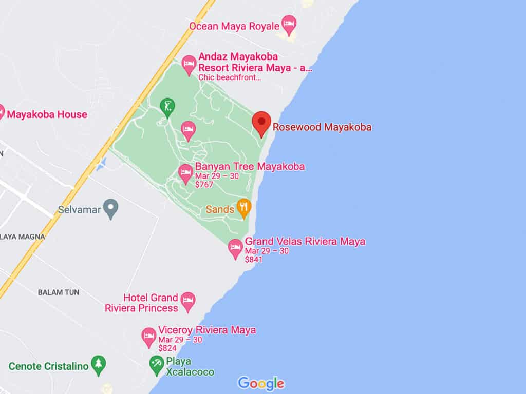 how far is rosewood mayakoba from cancun airport