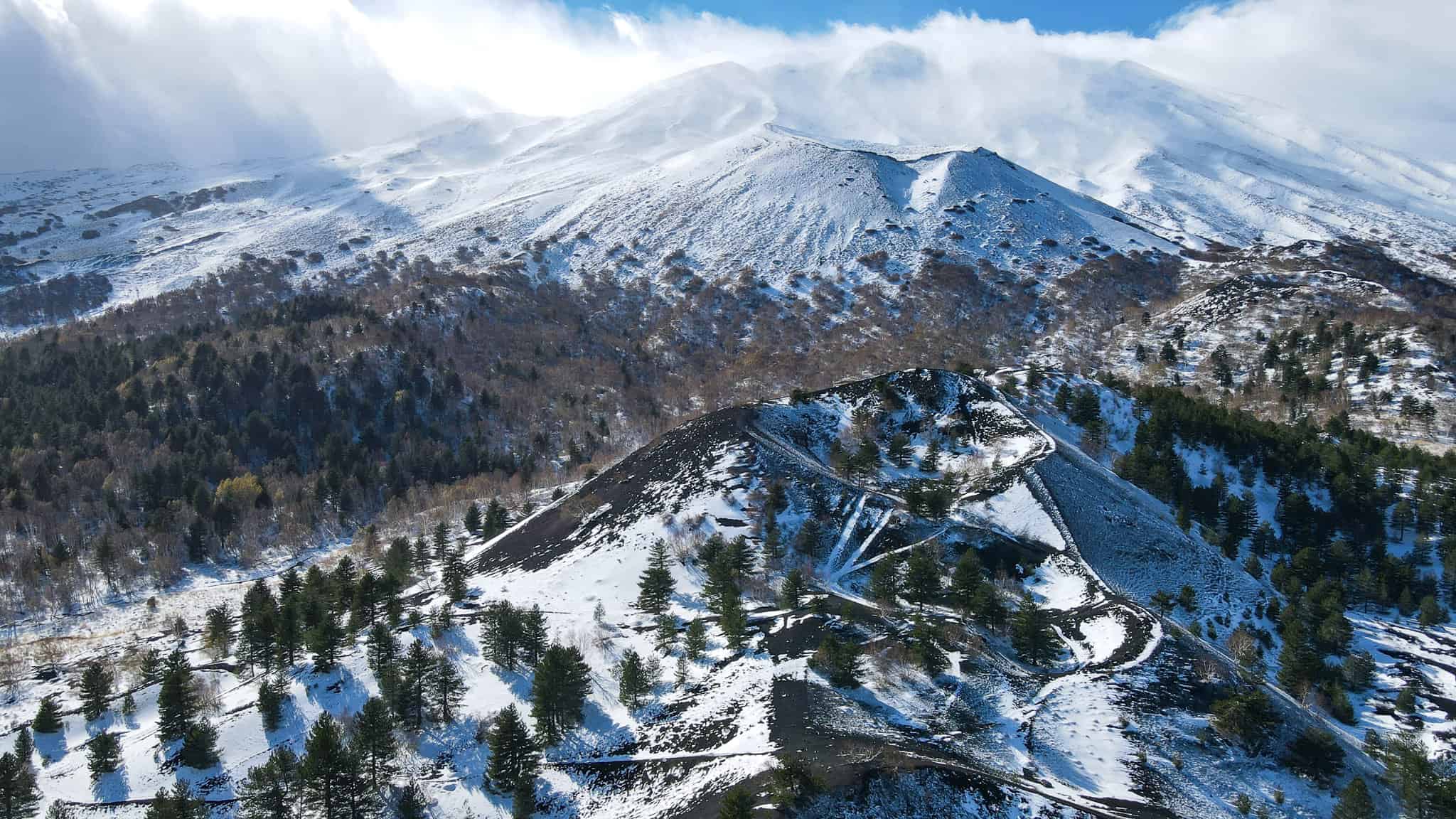 mt etna in winter drone photo, compass roam